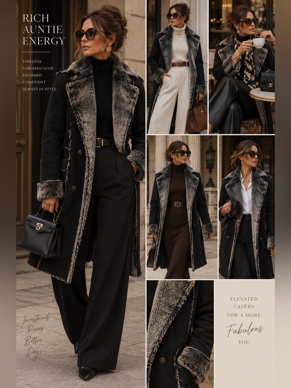 PennyLane Women's Black Shearling-Trim Long Coat - Faux Fur Lining